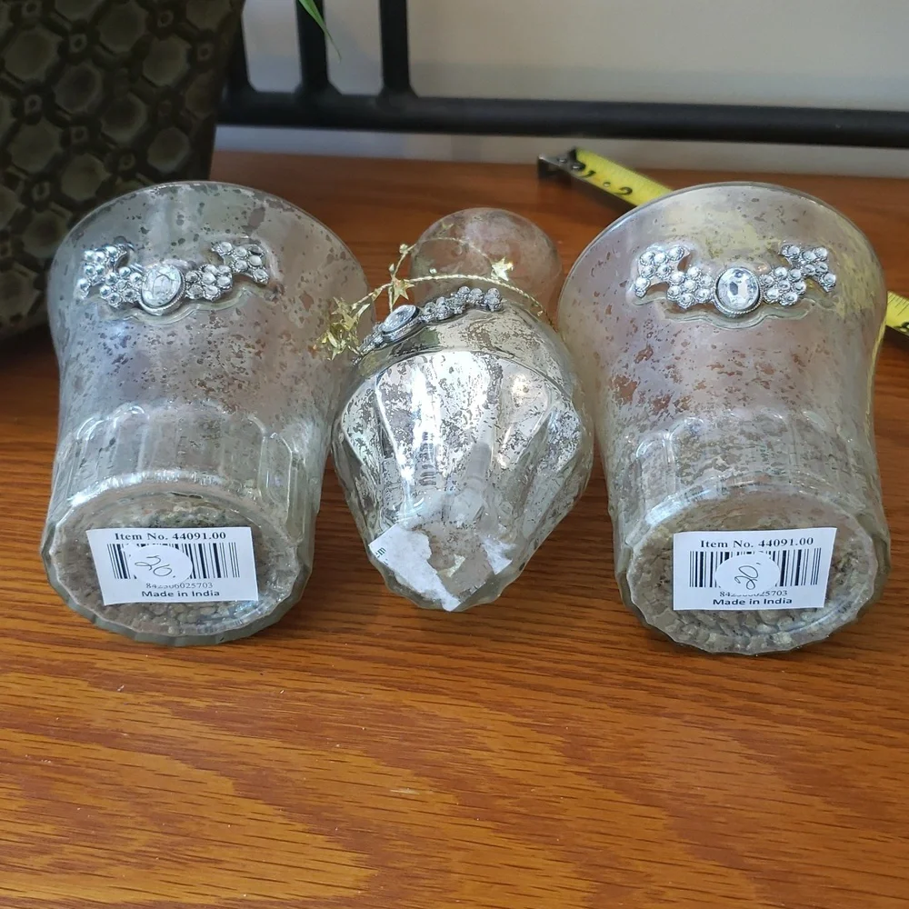 Elegant Gold Glass Vase and 2 Candle Holders With Bling - Set Of 3 Total